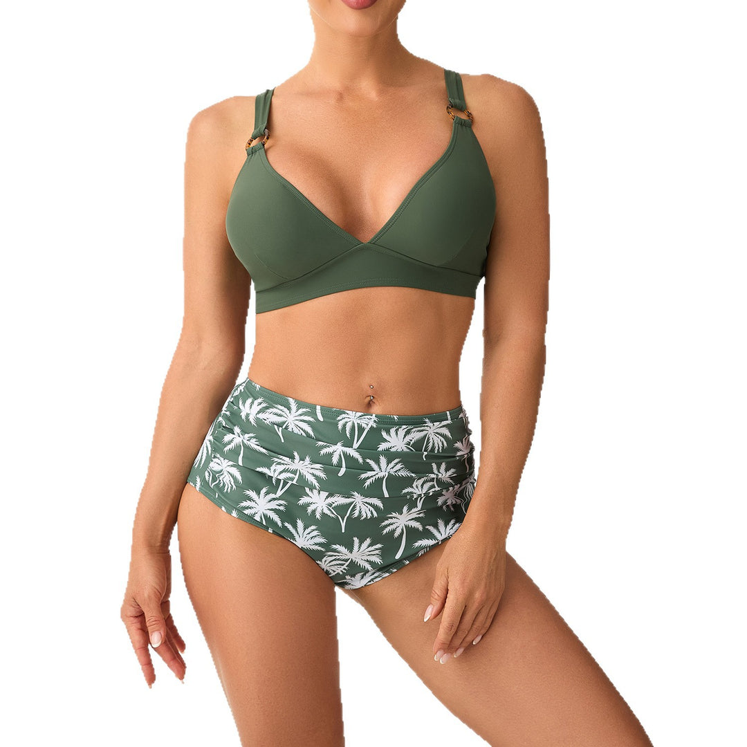 Damen Hochtailliertes Bikini-Set mit verstellbaren Trägern und stilvollem Palmendruck EB