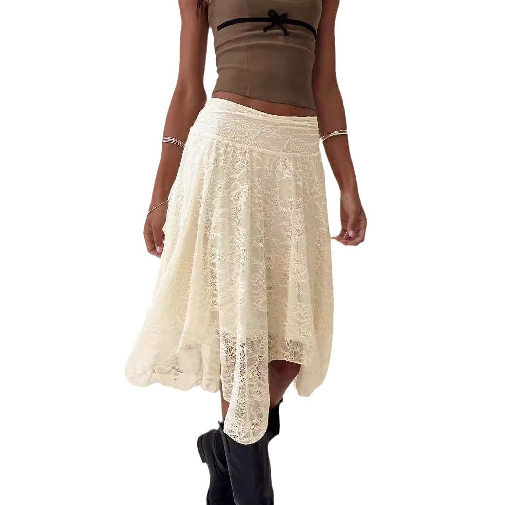 Damen moderne Spitzenmidi-Rock mit asymmetrischem Saum EB