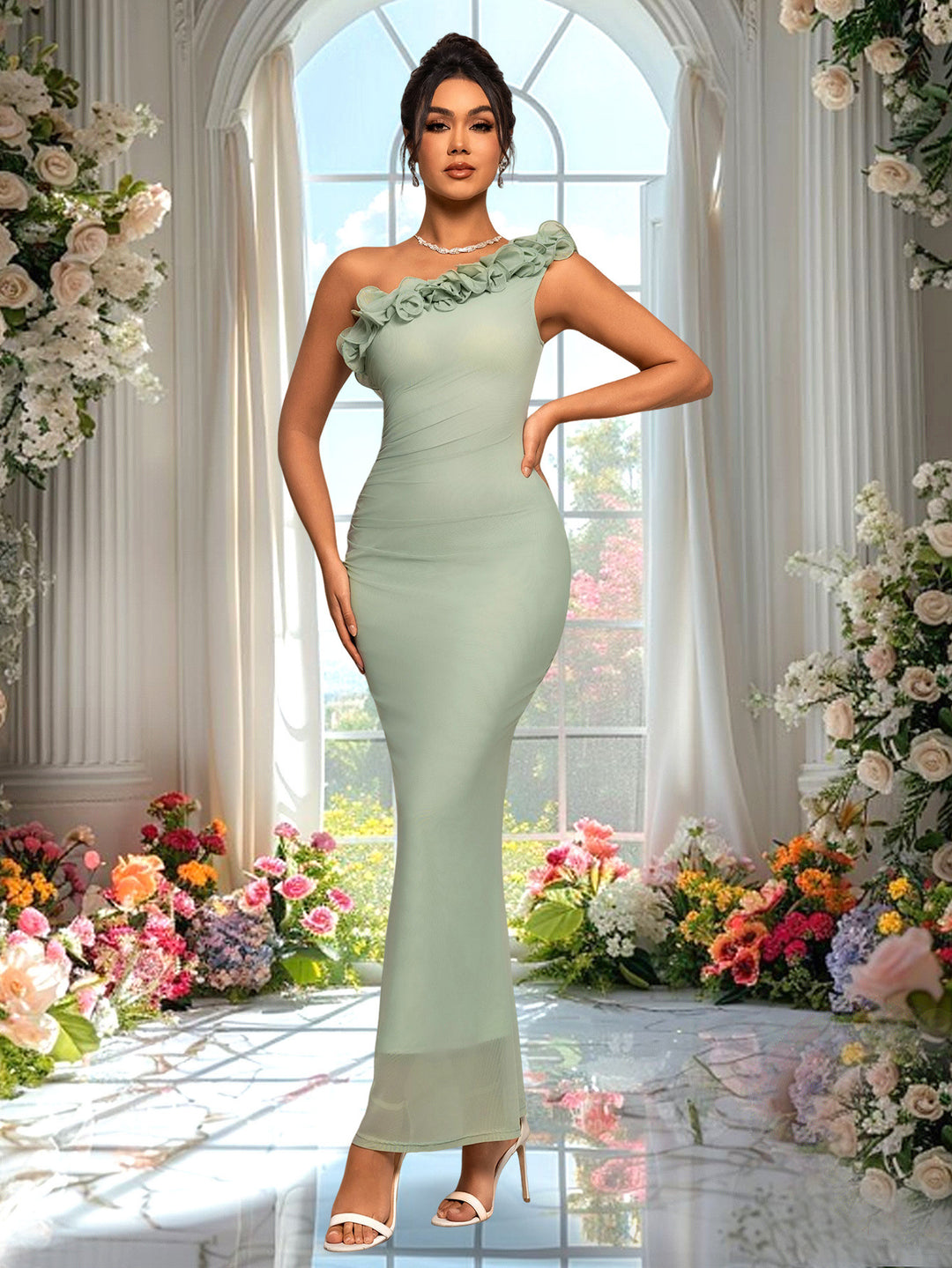 Damen Elegantes Tailliertes Abendkleid mit Rüschen EB