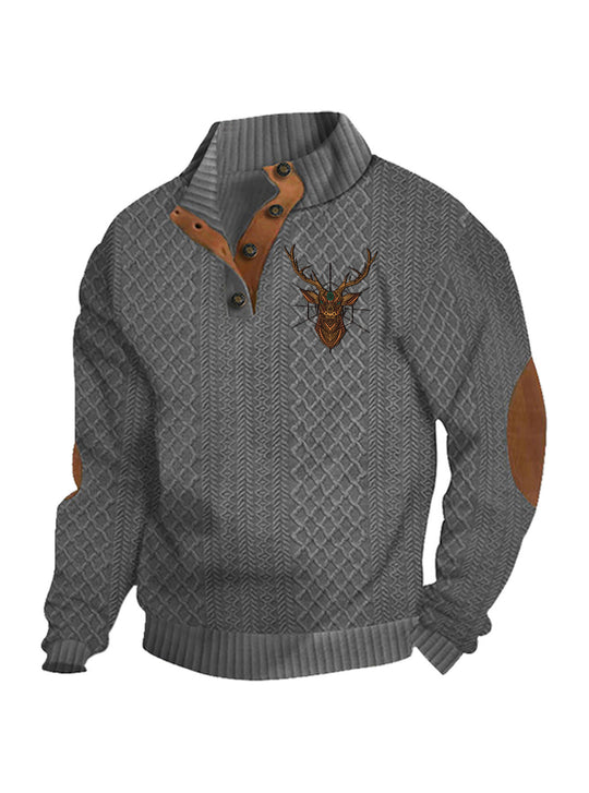 Herren nan Heritage-Strukturpullover mit Stehkragen Lederimitat-Besatz Ellenbogen-Patches und Halbknopfleiste EB