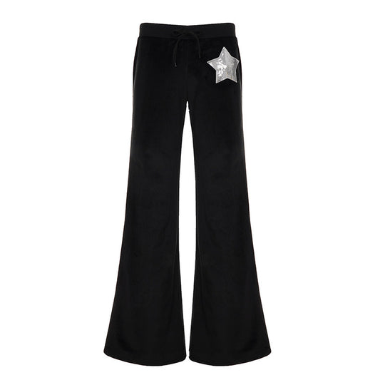 Damen Bequeme Velours-Hose mit weitem Bein und stylischer Sternenapplikation EB