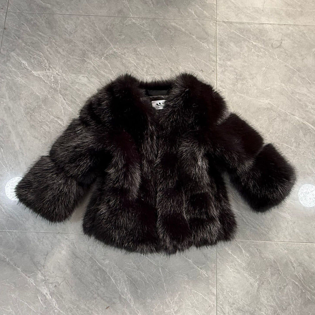 Damen modische Kurzjacke mit voluminösen Ärmeln und weichem Fell EB