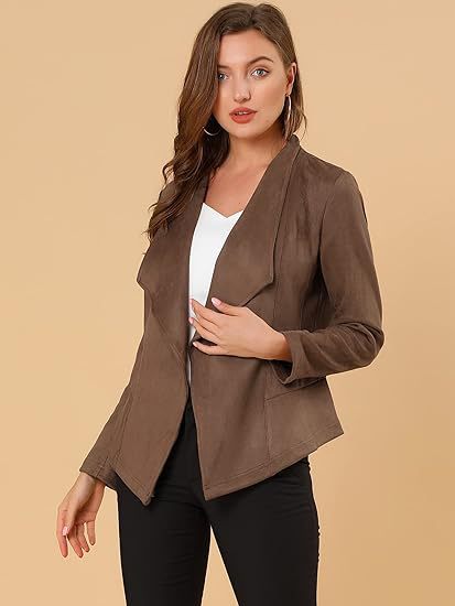 Damen modische Synthetiklederjacke mit offenem Schnitt und Taschen EB
