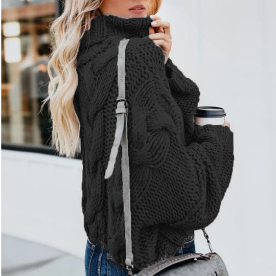 Damen Grobstrickpullover mit hohem Kragen und Zopfmuster EB