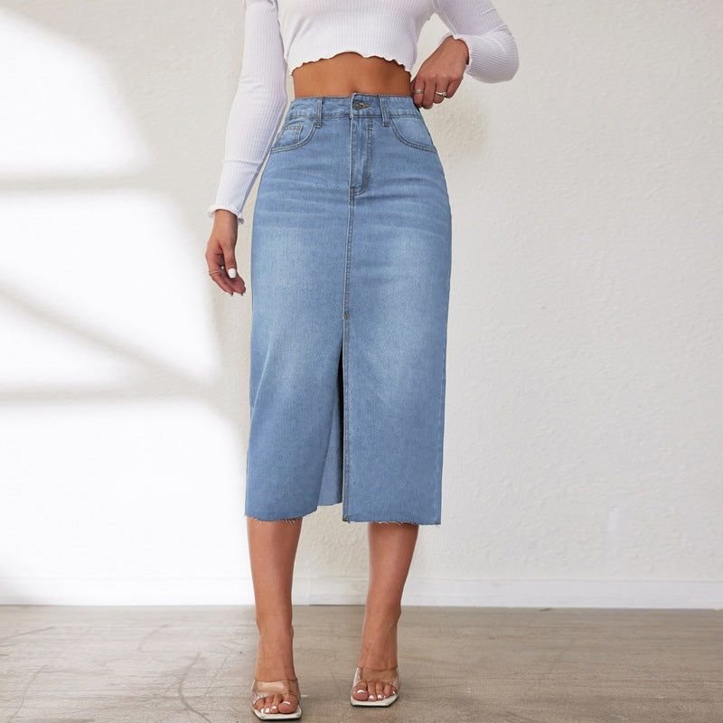 Damen Midi-Denimrock mit Schlitz und lässigem A-Linien-Schnitt EB