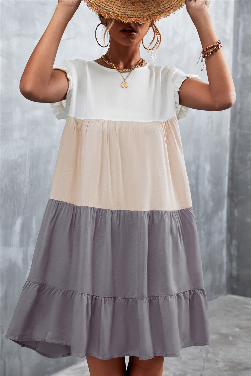 Damen lässiges Sommerkleid mit Rüschendetails und fließendem Schnitt EB