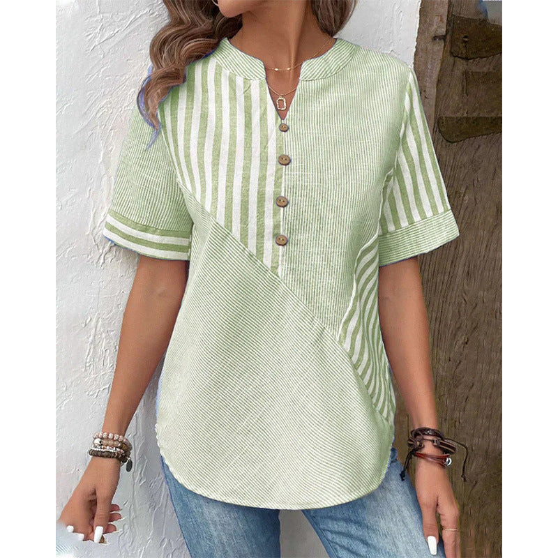 Damen Kurzarm Blusenshirt im gestreiften Design mit Knopfdetails EB