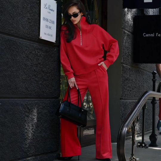 Damen Loungewear-Set mit halbem Reißverschluss und weiter Bügelfalten-Hose EB