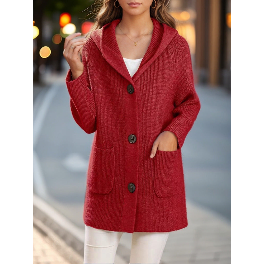 Damen nan lange gerippte Kapuzen-Strickjacke mit aufgesetzten Taschen und markanten Knöpfen EB