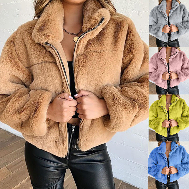 Damen Flauschige Trendjacke mit hohem Kragen EB