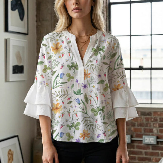 Damen Blusenshirt mit voluminösen Ärmeln und floralem Muster EB