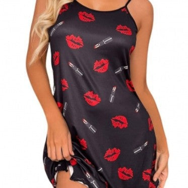Damen Nachtkleid mit Lippen- und Lippenstift-Muster EB
