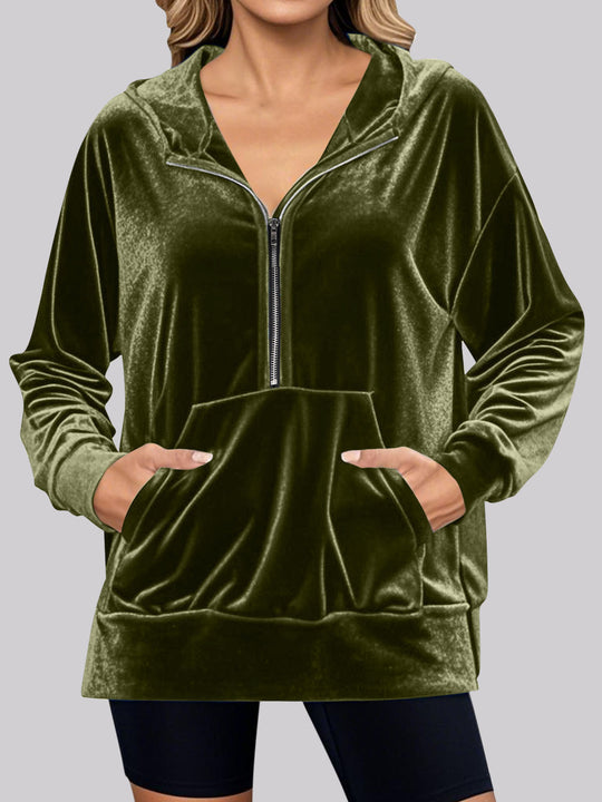 Damen kuscheliges Fleece-Hoodie mit praktischen Taschen und halbem Reißverschluss EB