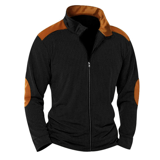 Herren nan strukturierte Strick‑Hybridjacke mit Stehkragen Kontrasteinsätzen und Ellbogenpatches EB
