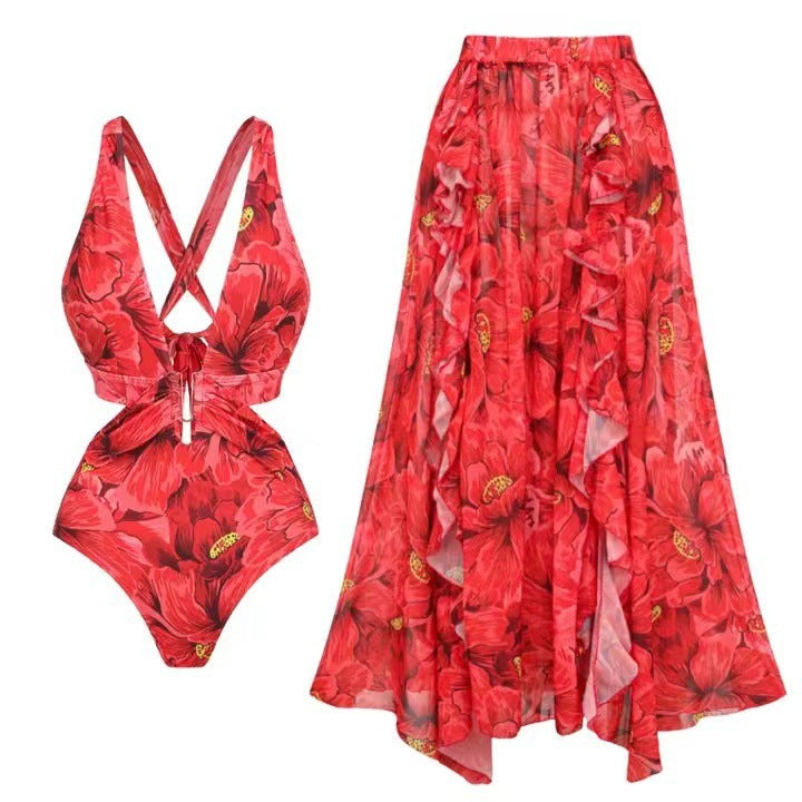Damen Badeanzug mit floralen Akzenten und passendem Wickelrock EB