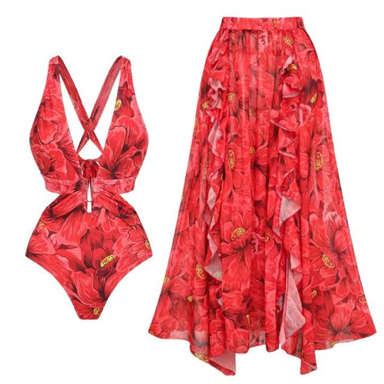 Damen Badeanzug mit floralen Akzenten und passendem Wickelrock EB