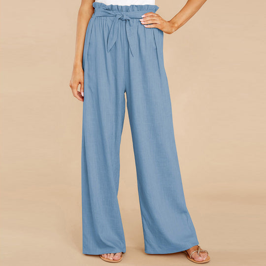 Damen nan Leinenhose mit Paperbag-Bund und weitem Bein EB