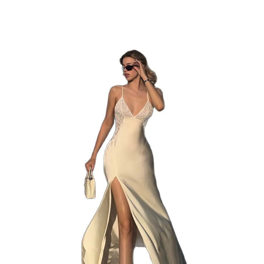 Damen Elegantes Maxikleid mit Spitzenbesatz EB