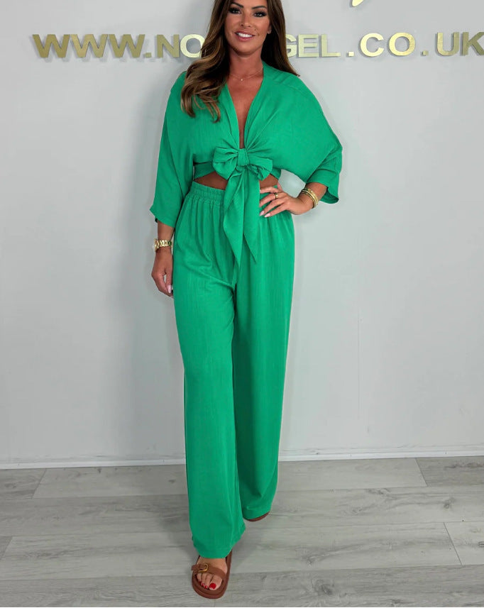Damen Eleganter Jumpsuit mit verspieltem Knoten und weit geschnittenen Beinen EB