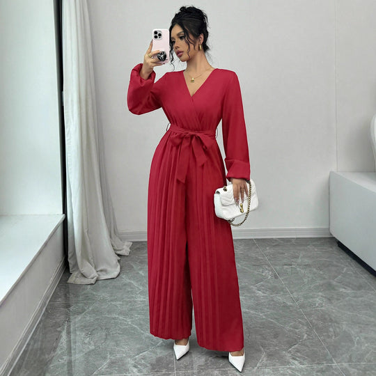 Damen Eleganter Jumpsuit mit taillierbarem Gürtel und plissiertem Schnitt EB