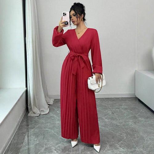 Damen Eleganter Jumpsuit mit taillierbarem Gürtel und plissiertem Schnitt EB