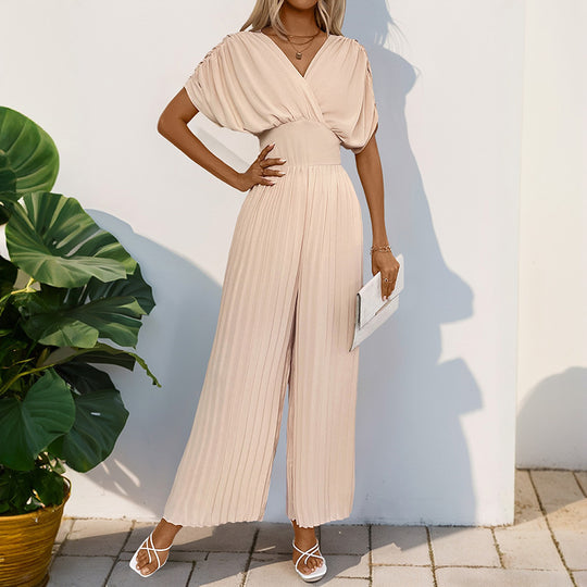Damen Eleganter Jumpsuit mit hohem V-Ausschnitt und schwingenden Beinen EB
