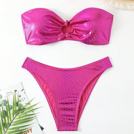 Damen Bandeau-Bikini mit hochglänzendem Schlangenmuster EB