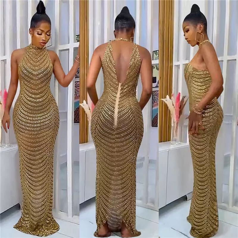 Damen Glamouröses Pailletten-Maxikleid mit figurbetontem Schnitt und schickem Rückenausschnitt EB