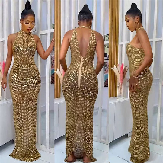 Damen Glamouröses Pailletten-Maxikleid mit figurbetontem Schnitt und schickem Rückenausschnitt EB