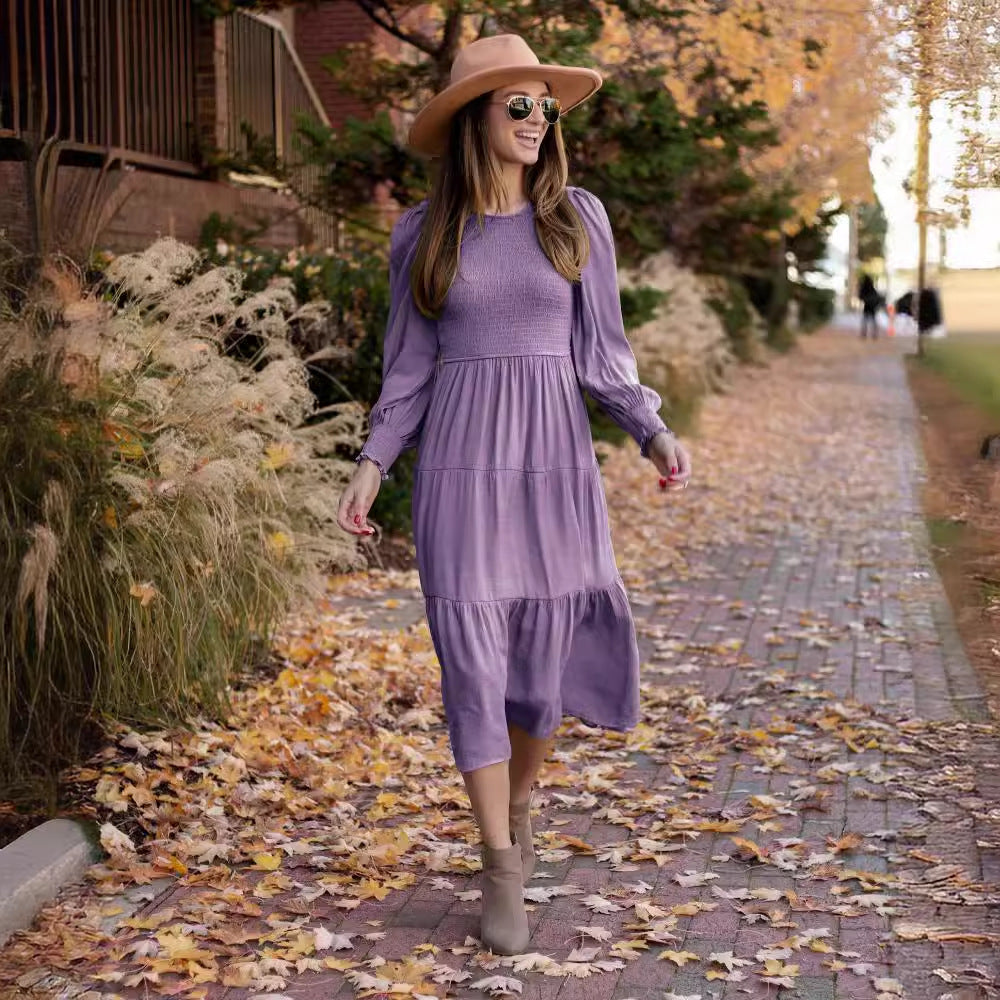 Damen Maxikleid mit schickem Smock-Oberteil und voluminösen Puffärmeln EB