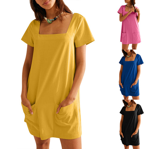 Damen lockeres Sommerkleid mit quadratischem Ausschnitt und praktischen Taschen EB