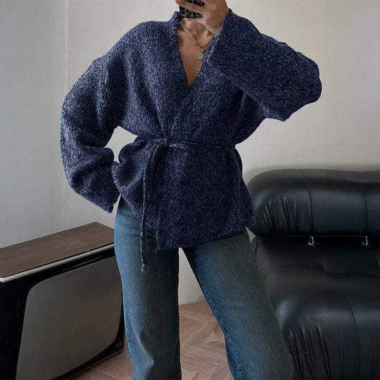 Damen nan oversize Bouclé-Strickjacke mit Taillengürtel und Kimonoärmeln EB