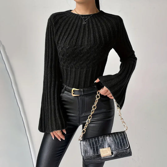 Damen Strickpullover mit weitem Ärmel und Zopfmuster EB