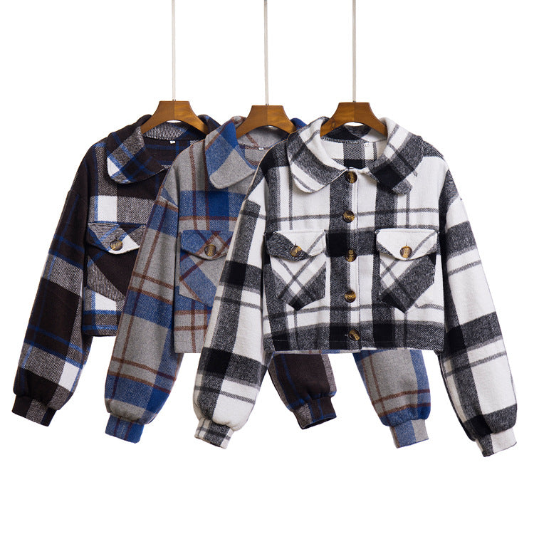 Damen modische Karojacke mit cropped Schnitt und praktischen Taschen EB