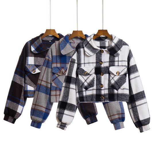 Damen modische Karojacke mit cropped Schnitt und praktischen Taschen EB