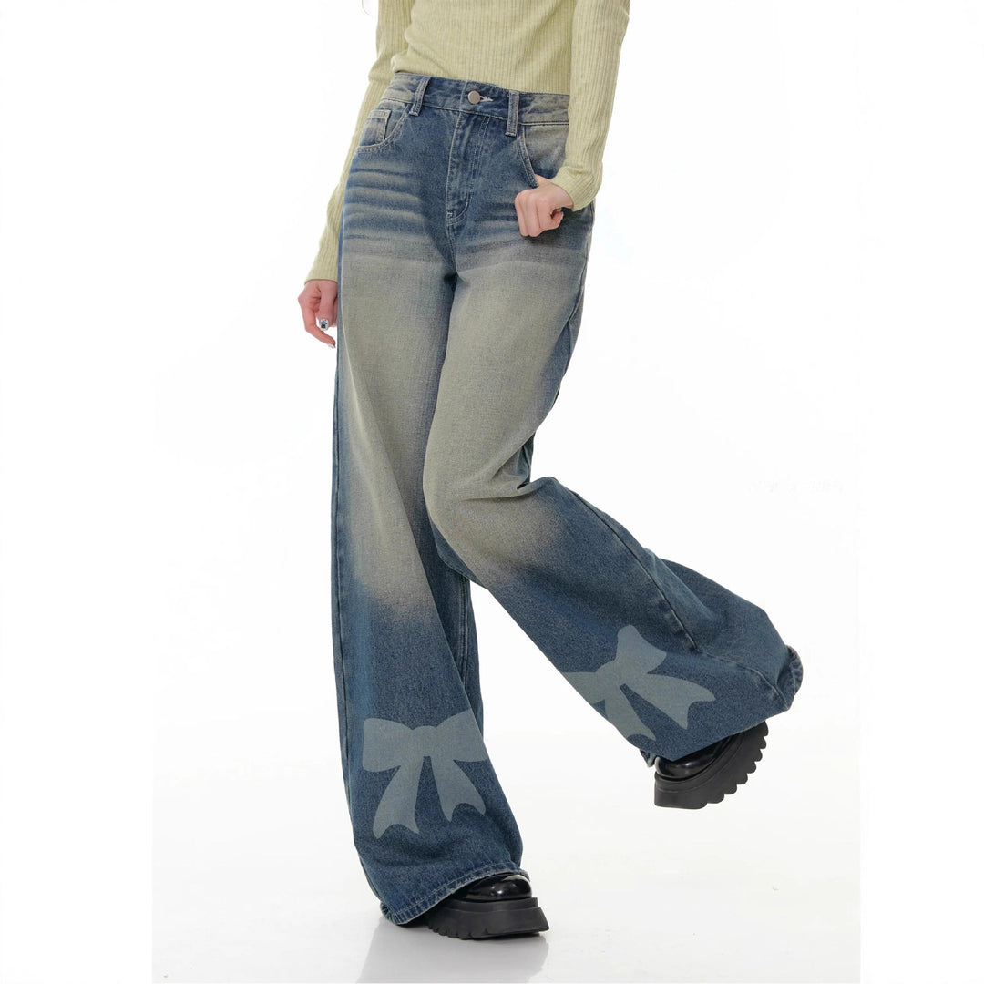 Damen nan hochtaillierte Palazzohose aus Denim mit extra weitem Bein und Schleifenprint EB