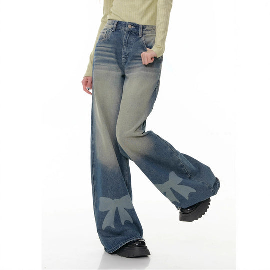 Damen nan hochtaillierte Palazzohose aus Denim mit extra weitem Bein und Schleifenprint EB