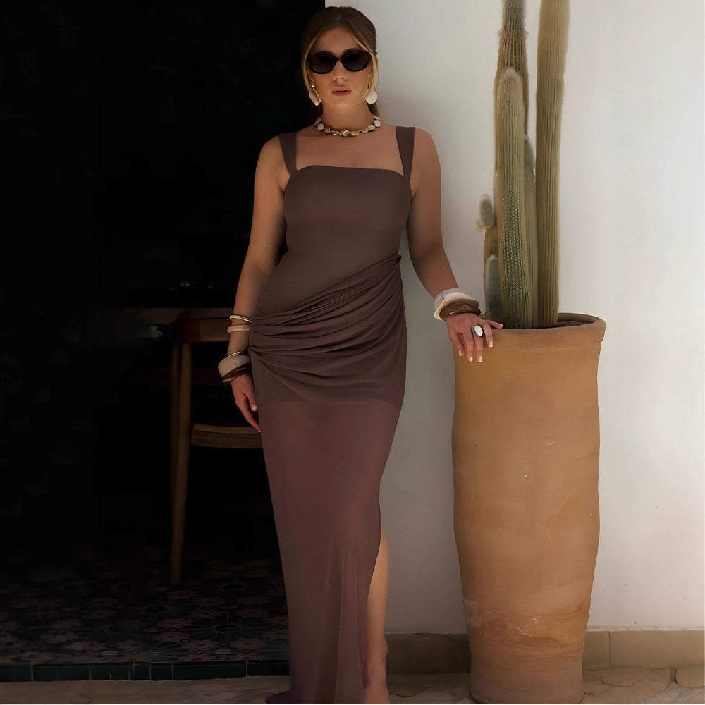 Damen Elegantes Maxikleid mit raffinierten Drapierungen und transparentem Rock EB