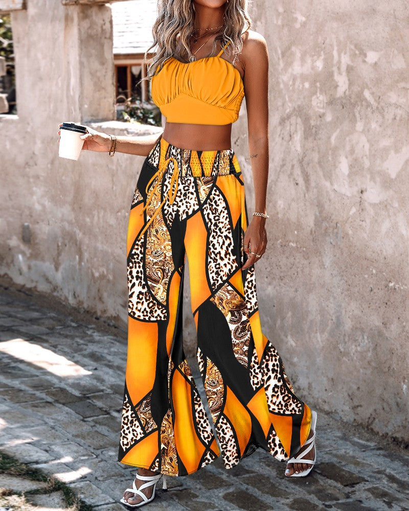 Damen lässiges Crop-Top und weite Hose Set EB