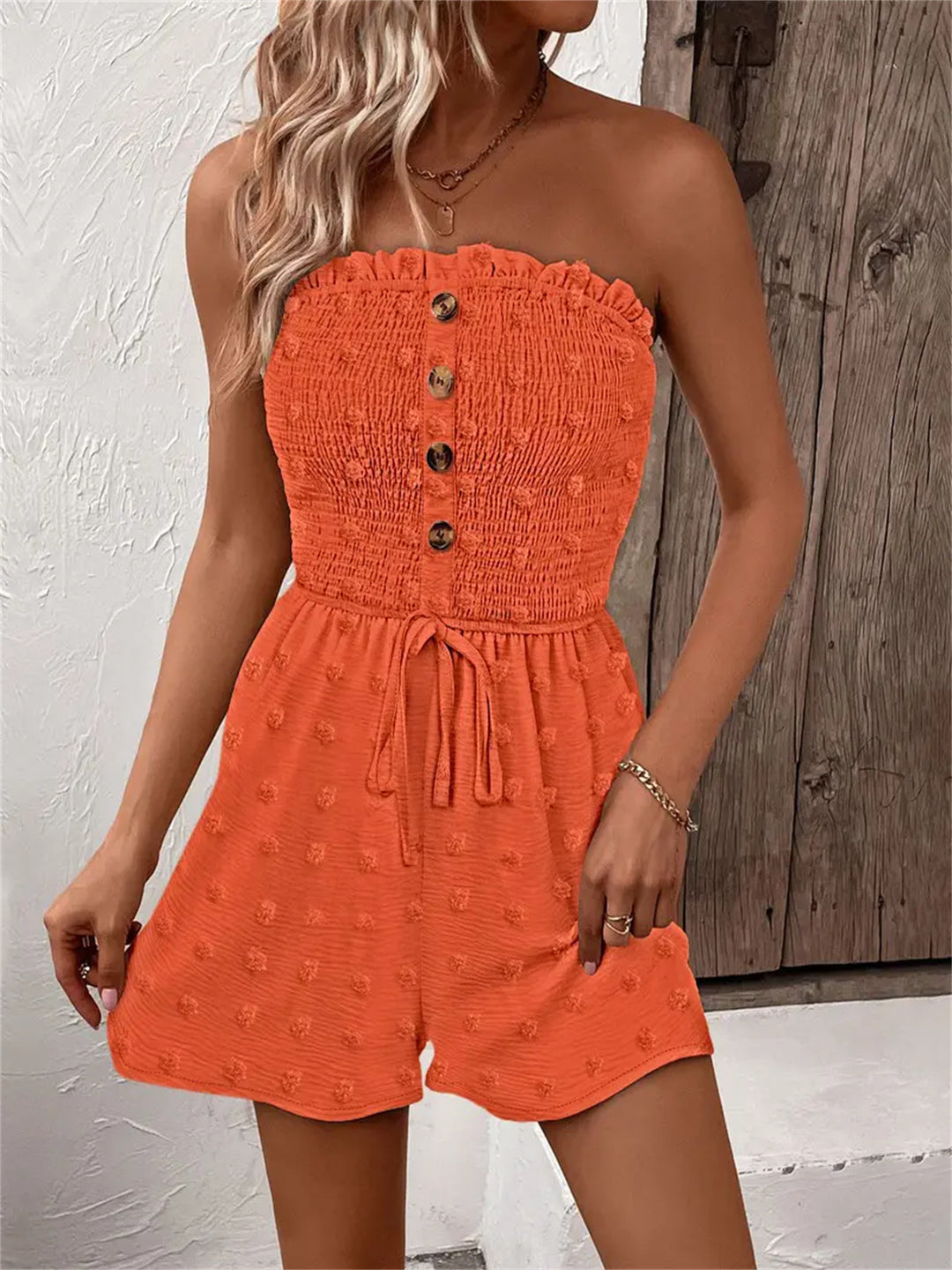 Damen Bandeau Jumpsuit mit Knopfdetails und Taillenzug EB