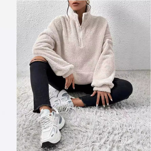 Damen Kuscheliger Fleece-Pullover mit Stehkragen und Eingrifftaschen EB