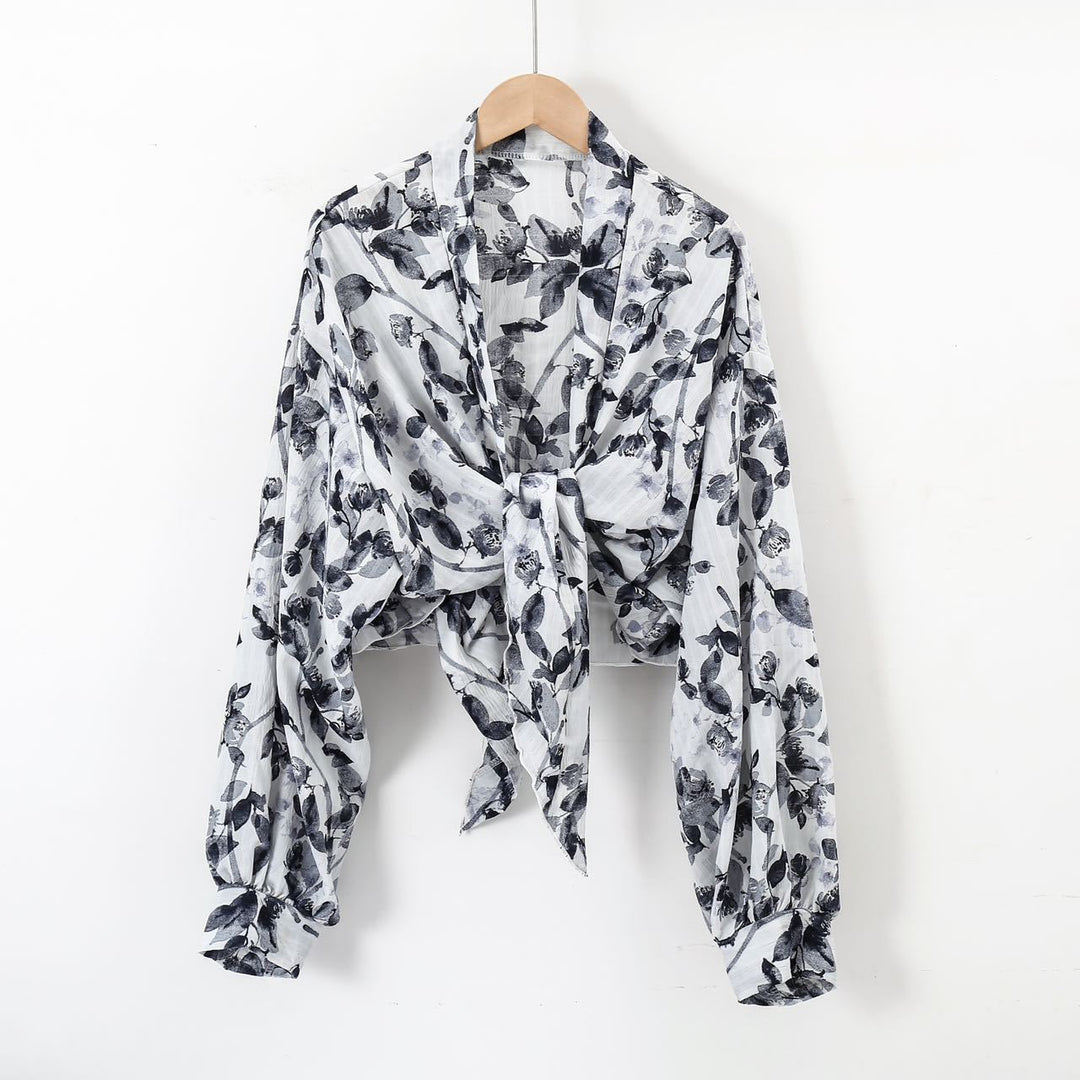 Damen nan florale Knoten-Bluse im Wickelstil mit Ballonärmeln und leichter Leinenoptik EB