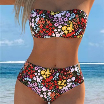 Damen Bikini-Set mit strapazierfähigem Bandeau-Oberteil und hoch geschnittenen Badeshorts EB