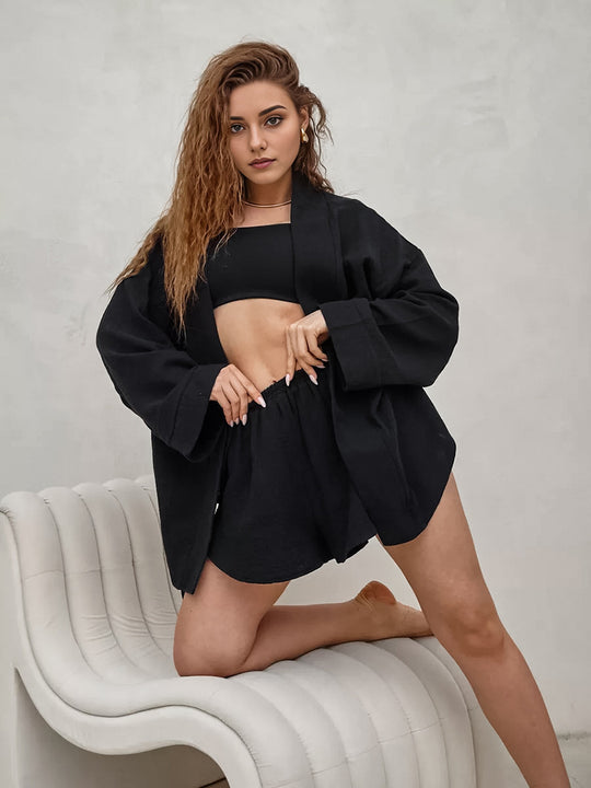 Damen Lässiges Lounge-Set aus leichtem Material mit oversized Kragen EB