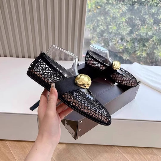 Damen Ballerinas mit luftiger Netzstruktur und dekorativem Goldakzent EB