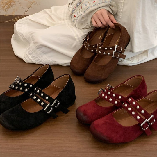 Damen elegante Ballerinas mit dekorativen Schnallen und stützender Innensohle EB
