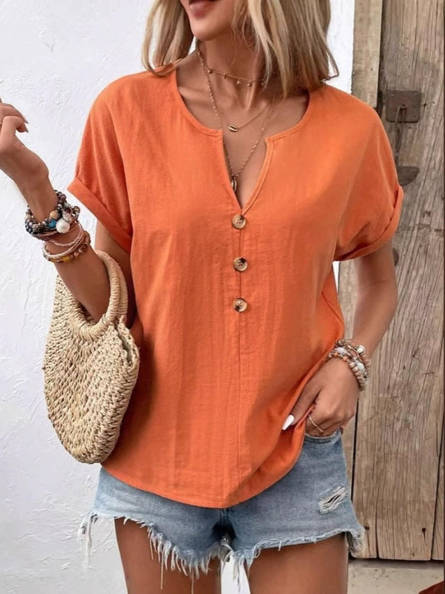 Damen Kurzarm Bluse mit Knopfleiste und lässigem Schnitt EB
