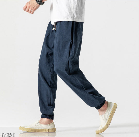 Herren nan lässige Leinen-Joggerhose mit Tunnelzug, strukturierter Oberfläche und elastischen Bündchen EB