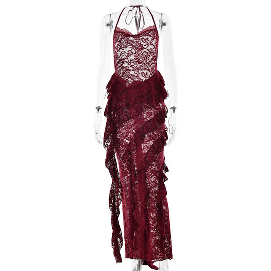 Damen verführerisches Spitzenkleid mit asymmetrischem Saum und Rüschendetails EB