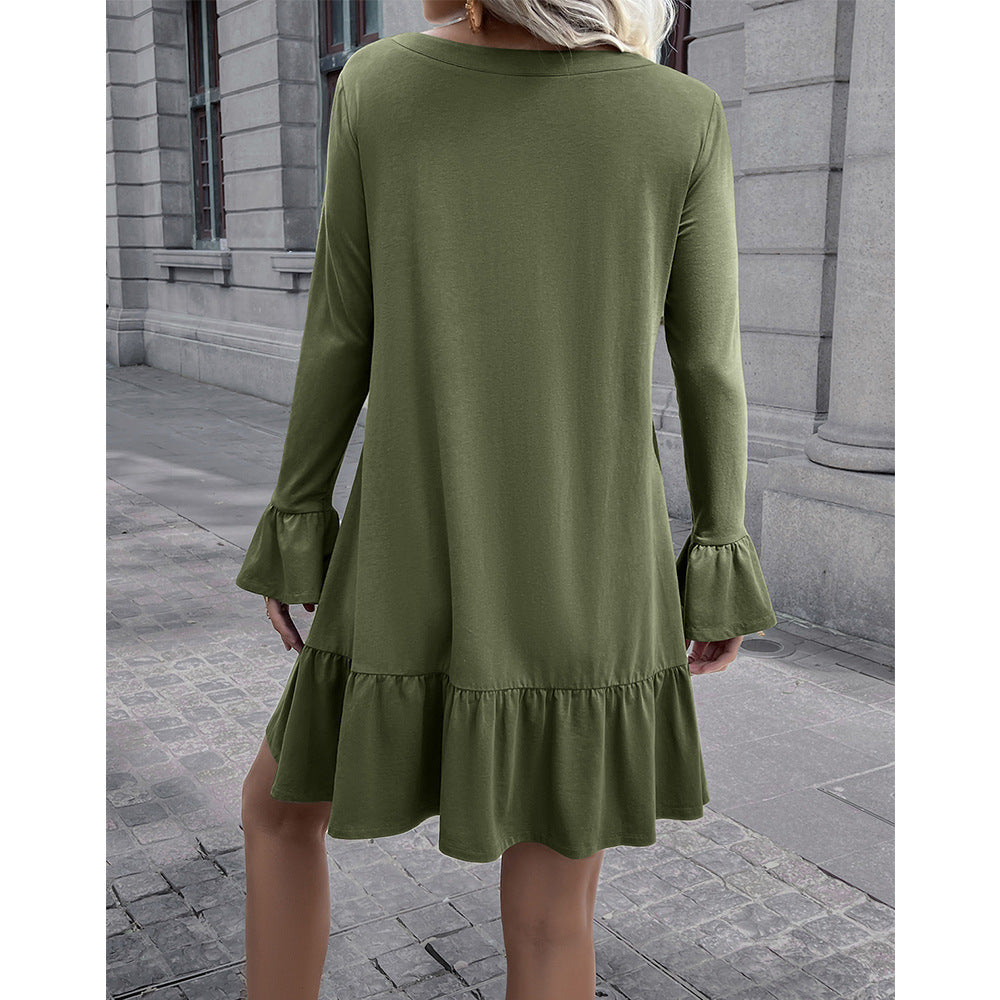 Damen lockeres Kleid mit schmeichelndem V-Ausschnitt und Glockenärmeln EB